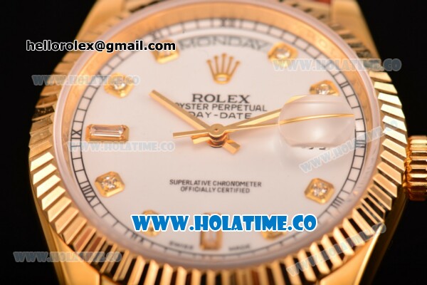 Rolex Day-Date Asia 2813/Swiss ETA 2836/Clone Rolex 3135 Automatic Yellow Gold Case with White Dial and Diamonds Markers (BP) - Click Image to Close